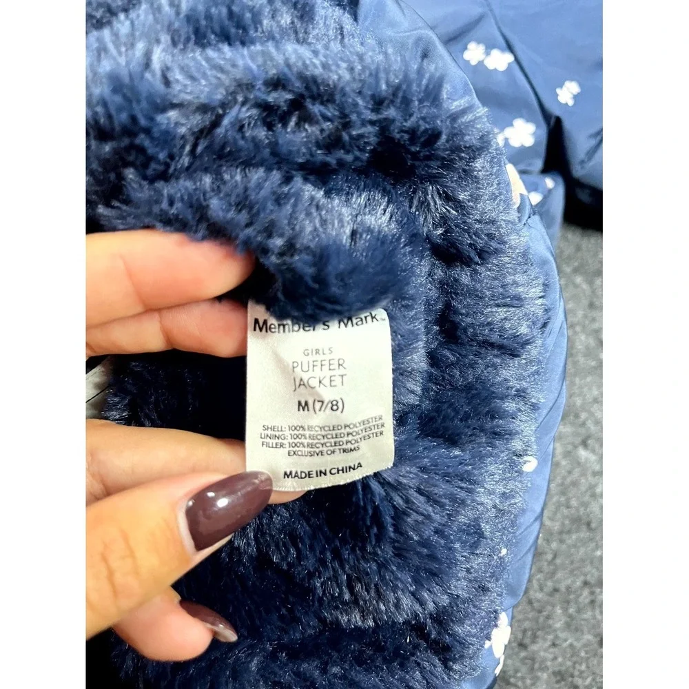 Member's Mark Puffer Jacket Girls M 7/8 Navy Blue Floral Faux Fur Hood Full Zip